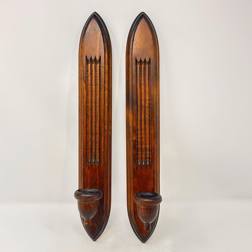 Vintage Wood Wall Candle Sconces Pair Gothic Arch Mid Cen Fluted Taper Holders